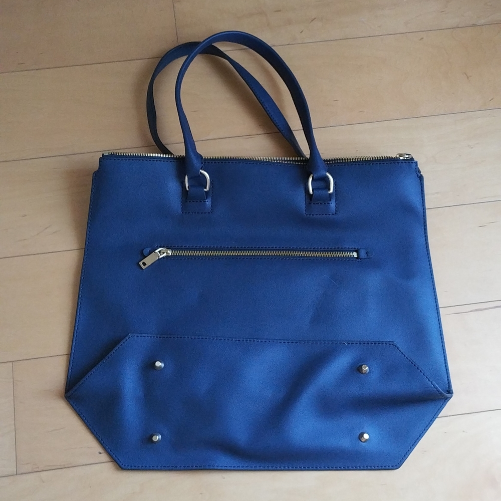 J. Crew navy gold leather tote